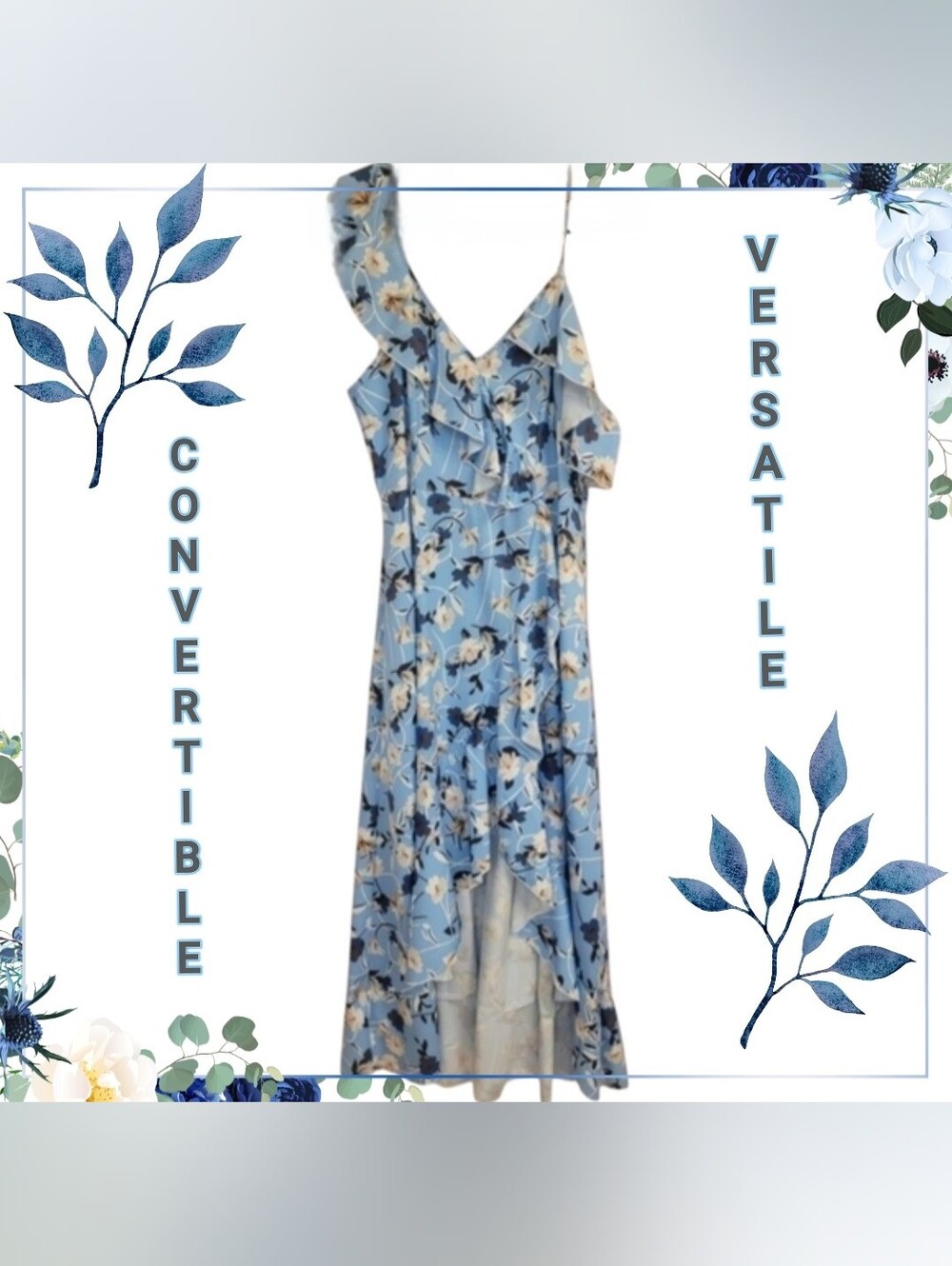 Shein Convertible Blue & White Floral Slip Dress Off-Shoulder Size Large